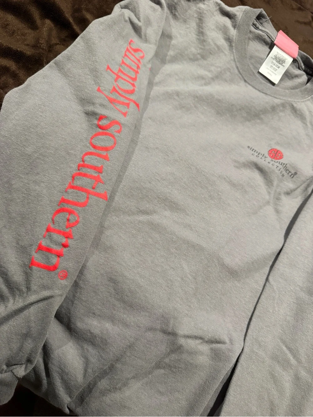 Simply Southern Women’s Long Sleeve Tee in Gray with Red Logo